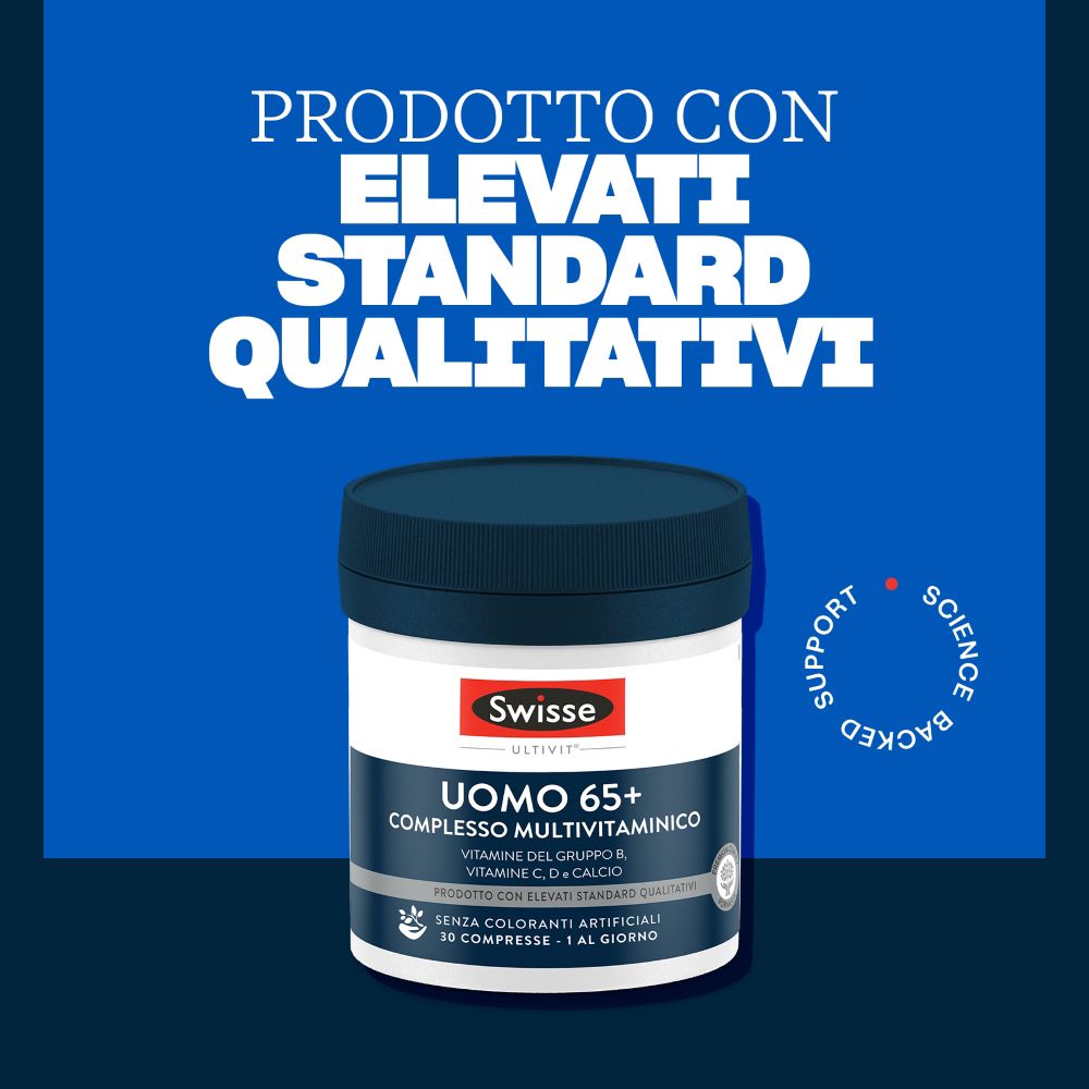 Barattolo rotondo Swisse Uomo 65+ Multivitaminico Completo. Barattolo blu con informazioni sul prodotto e marchio di qualità.