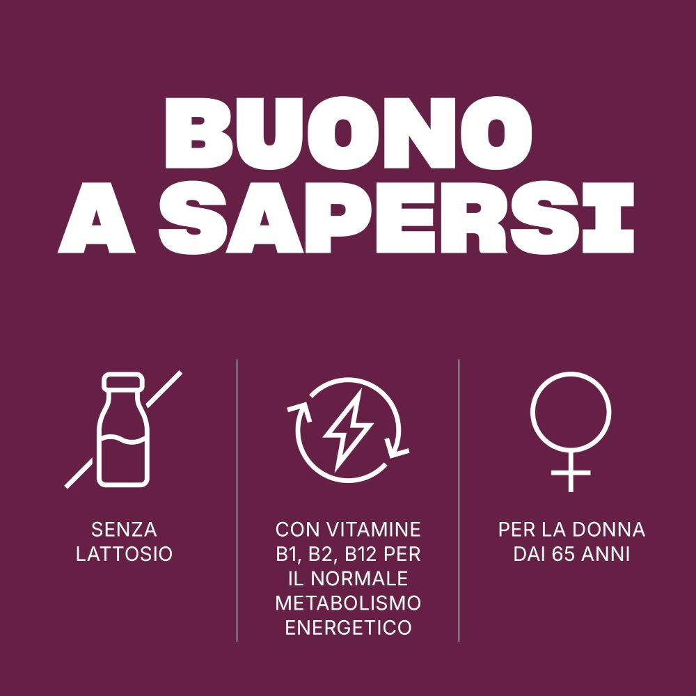 Simboli: Senza lattosio, Vitamine B1, B2, B12 per energia, per donne over 65.