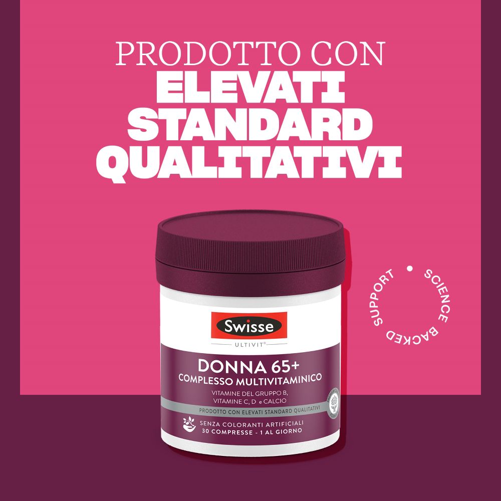 Flacone Swisse Donna 65+ Multivitaminico, elevati standard qualitativi.