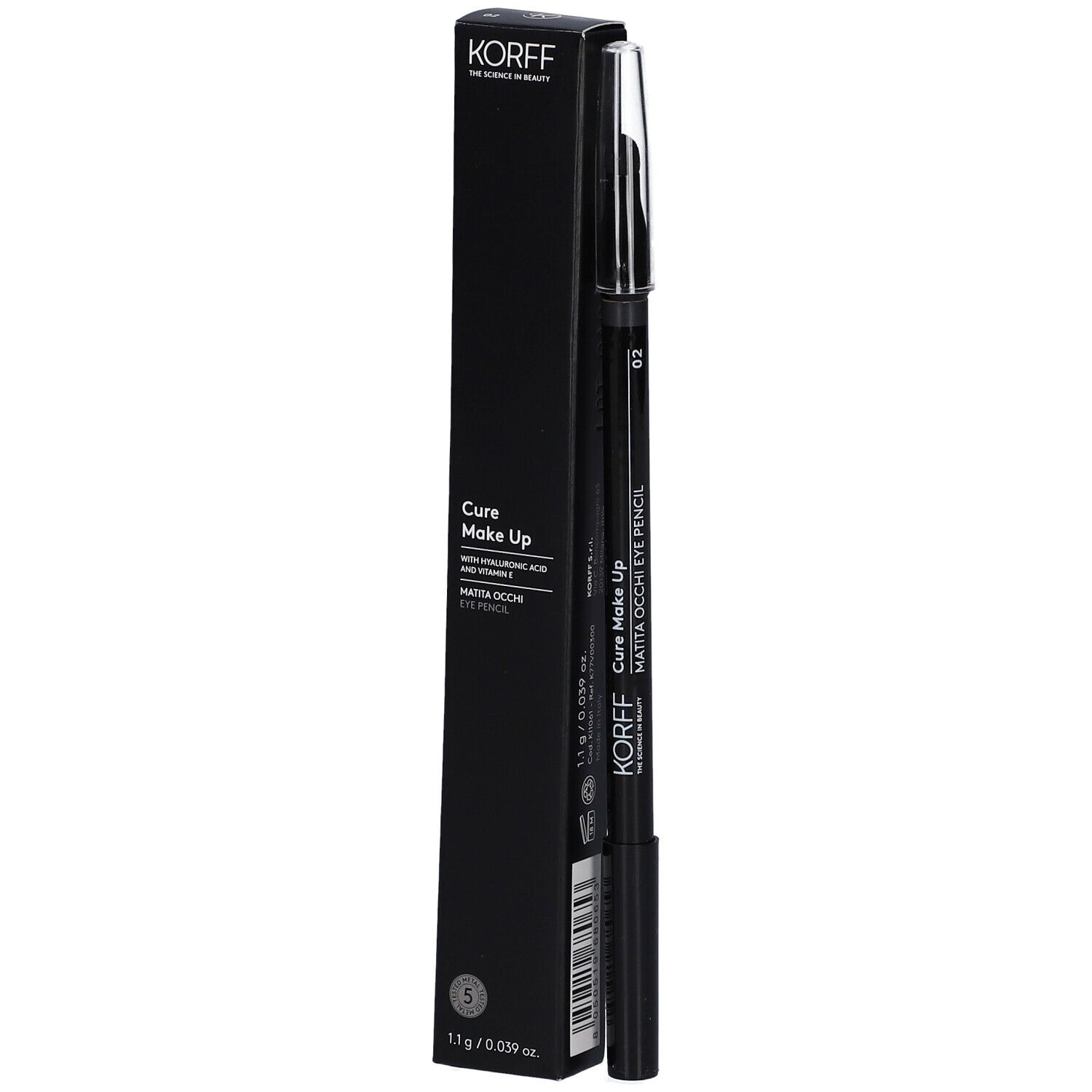 Matita occhi e confezione. Confezione nera con informazioni sul prodotto. Marca: KORFF. Matita 02 Grigio.