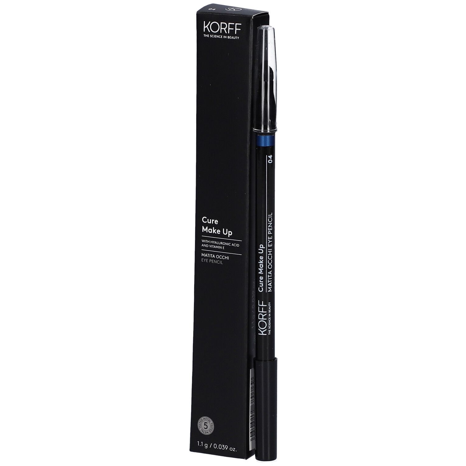 Matita occhi e confezione. Confezione nera con informazioni sul prodotto. Marchio KORFF, nome Cure Make Up.