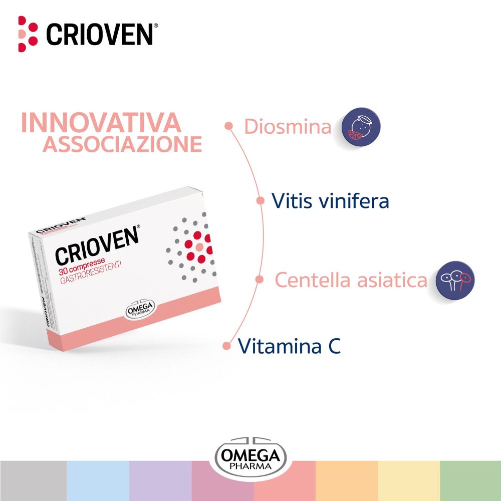 Scatola bianca con grafica rossa e grigia. Testo: Associazione innovativa. Ingredienti: Diosmina, Vitis vinifera, Centella asiatica, Vitamina C.