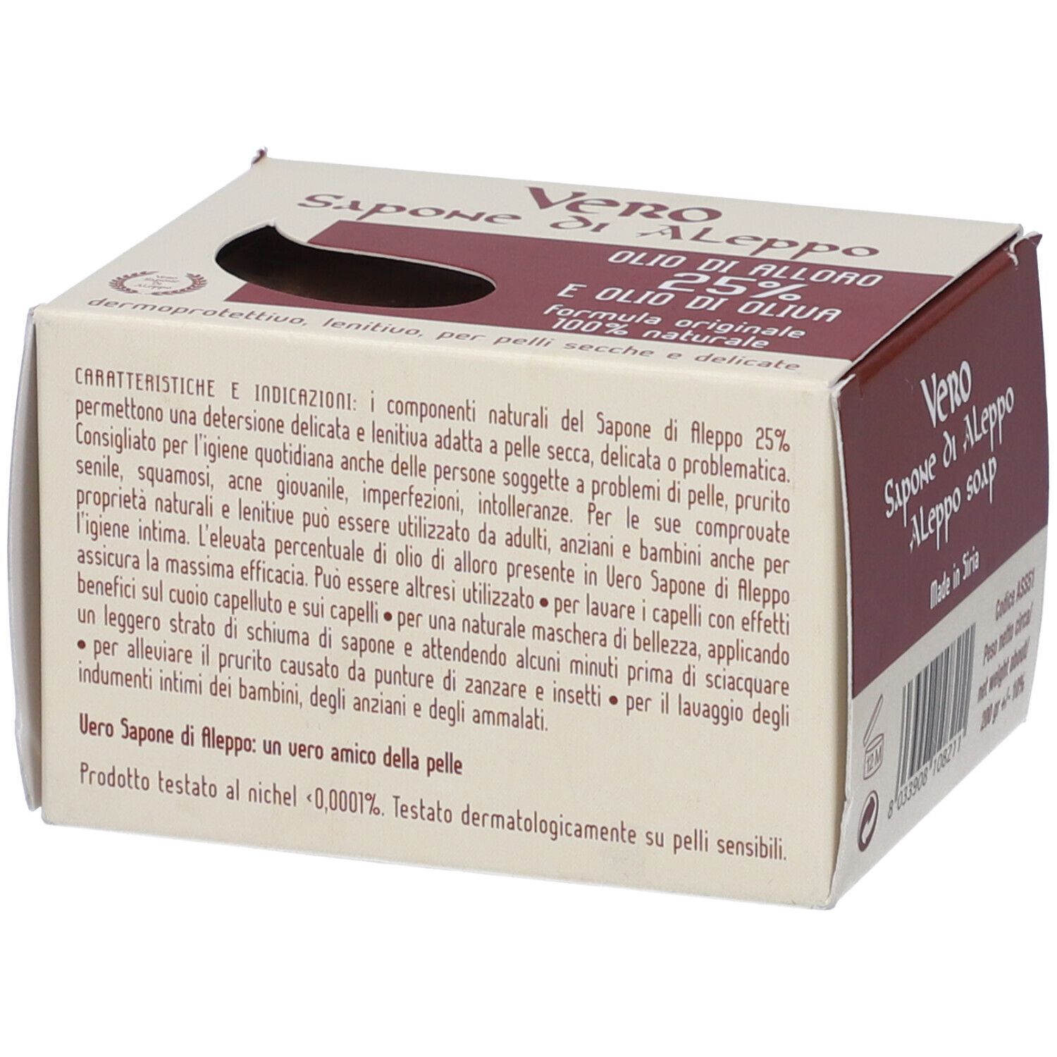 Confezione in cartone con informazioni sul prodotto. Testo: Vero Sapone di Aleppo 25% e Olio di Oliva.