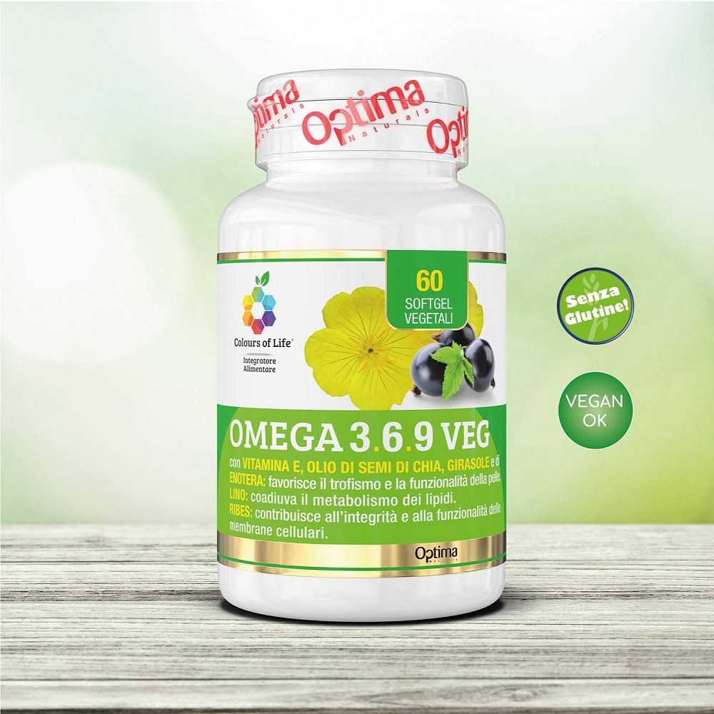 Flacone Omega 3.6.9 Veg con sigilli 'Senza Glutine' e 'Vegan OK'.