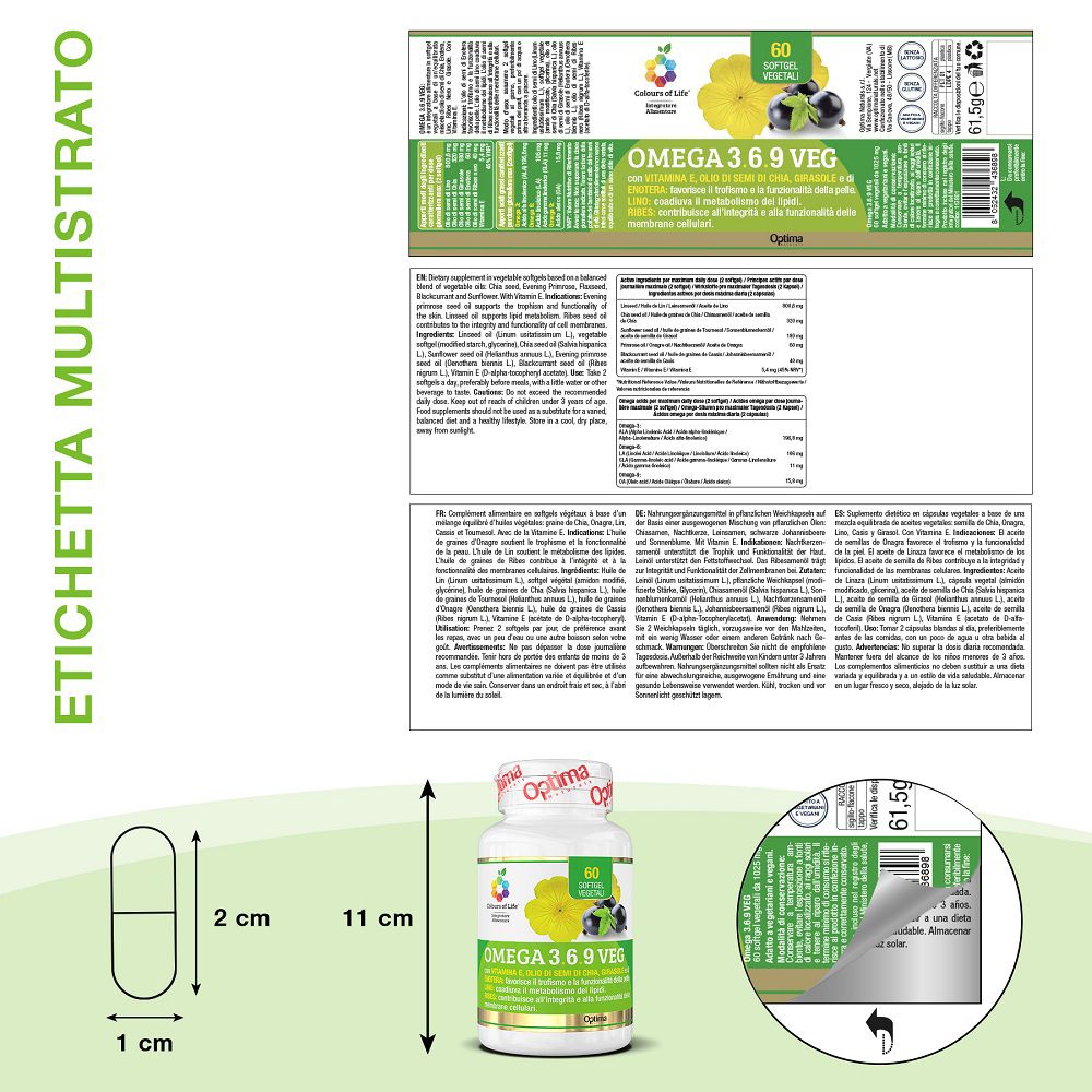 Etichetta con informazioni nutrizionali e dimensioni di una capsula Omega 3.6.9 Veg.