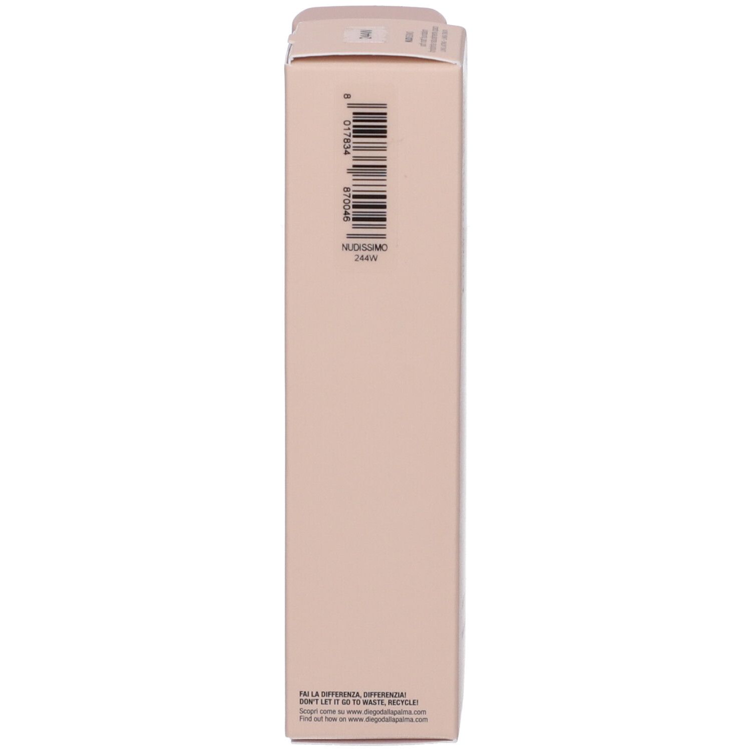 Confezione beige stretta. Codice a barre e informazioni sul prodotto. Scritta: Nudissimo.