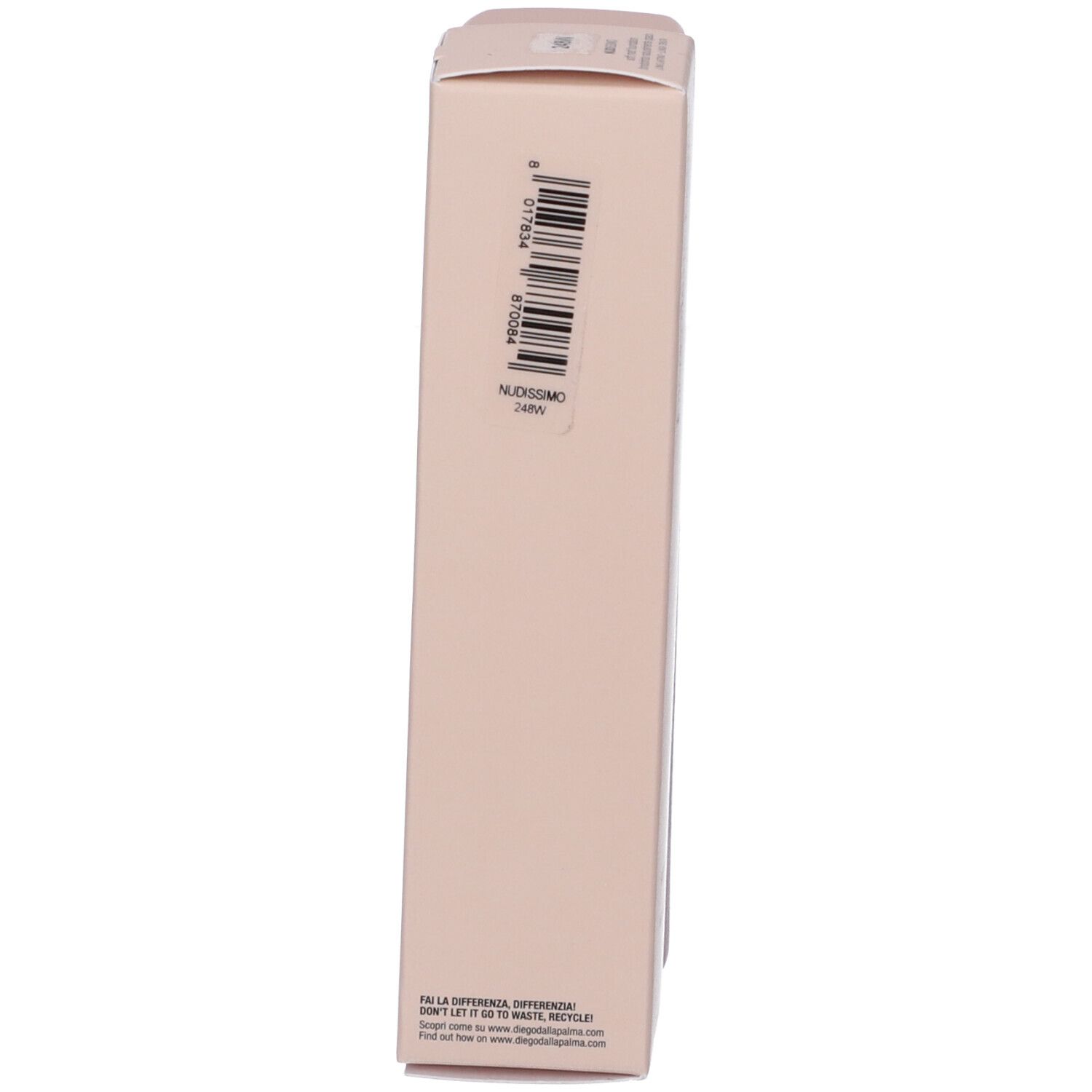 Confezione beige stretta. Codice a barre e informazioni sul prodotto. Scritta: Nudissimo.