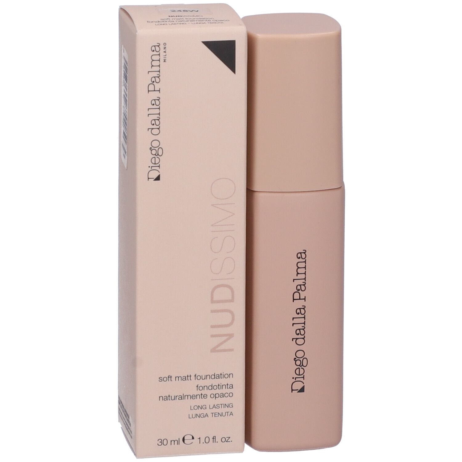 Flacone e confezione di fondotinta beige. Scritta: Nudissimo, Diego dalla Palma. 30 ml.