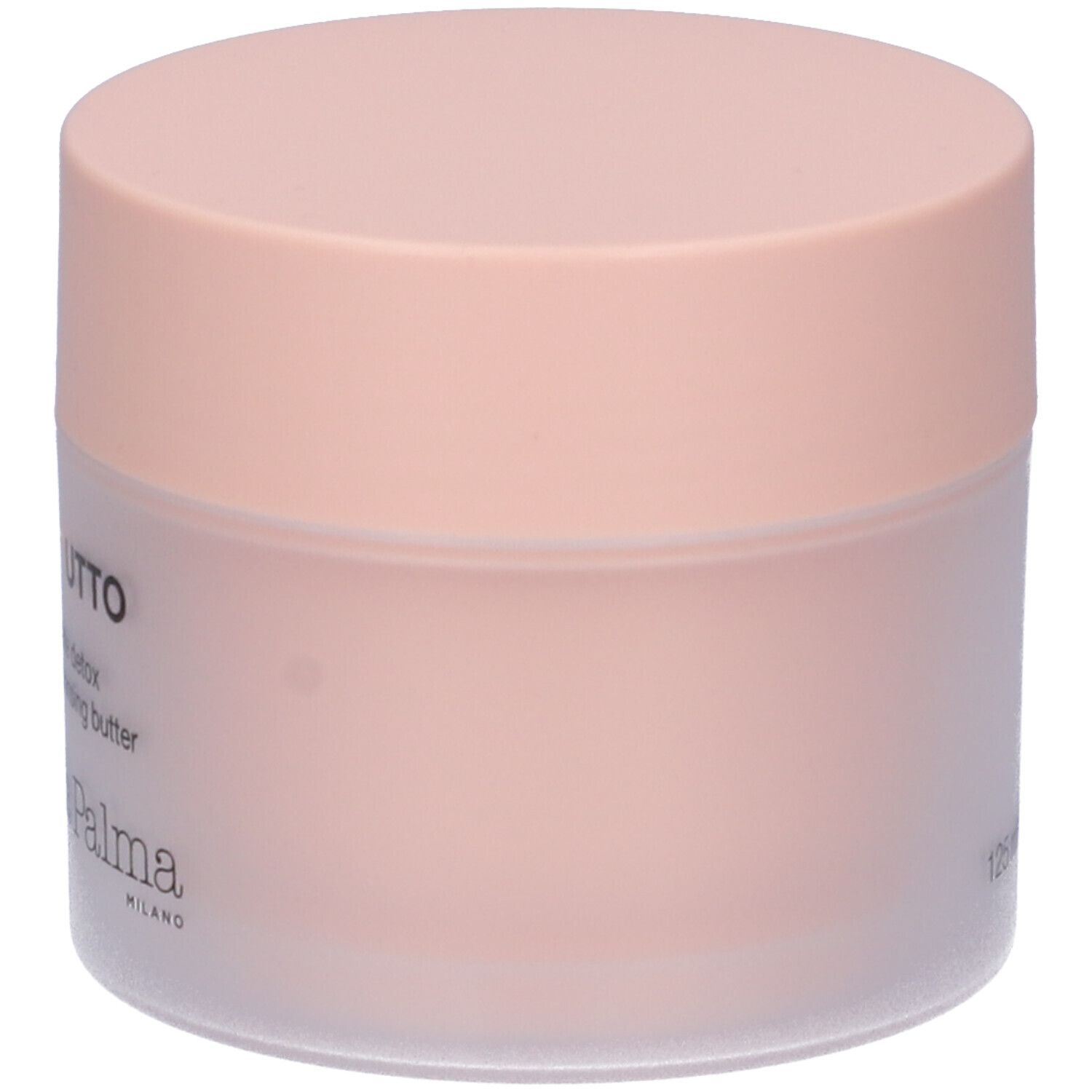 Vasetto rotondo con coperchio rosa. Scritta: STRUCCATUTTO, Burro struccante detox, Diego dalla Palma MILANO.
