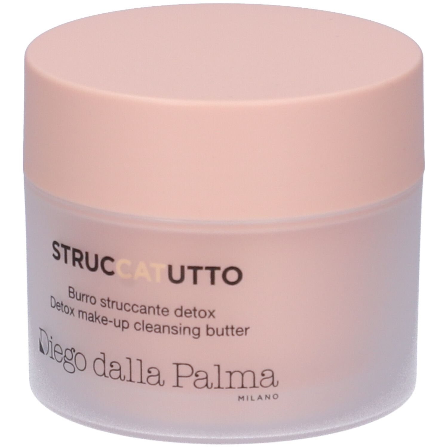 Vasetto rotondo con coperchio rosa. Scritta: STRUCCATUTTO, Burro struccante detox, Diego dalla Palma MILANO.