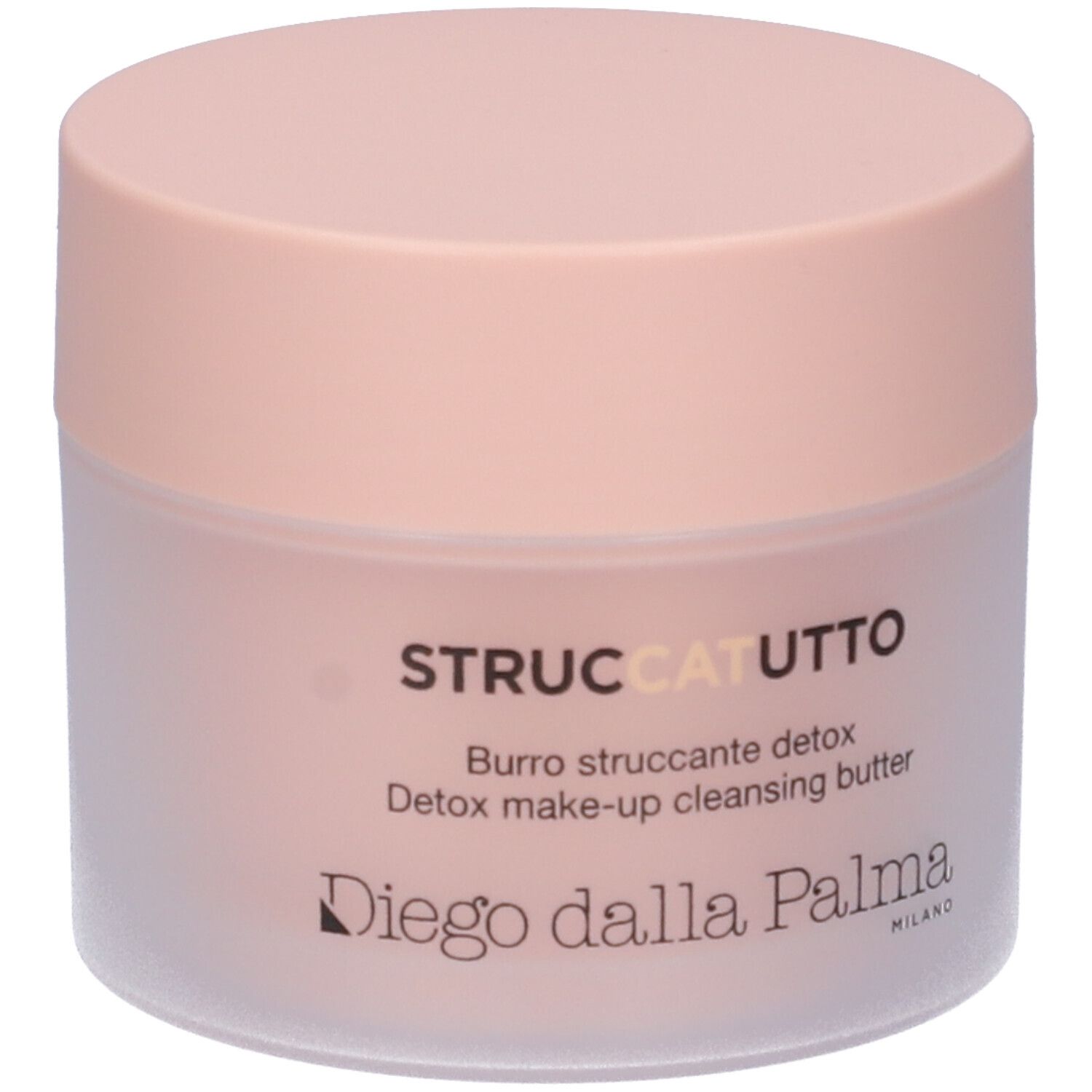 Vasetto rotondo con coperchio rosa. Scritta: STRUCCATUTTO, Burro struccante detox, Diego dalla Palma MILANO.