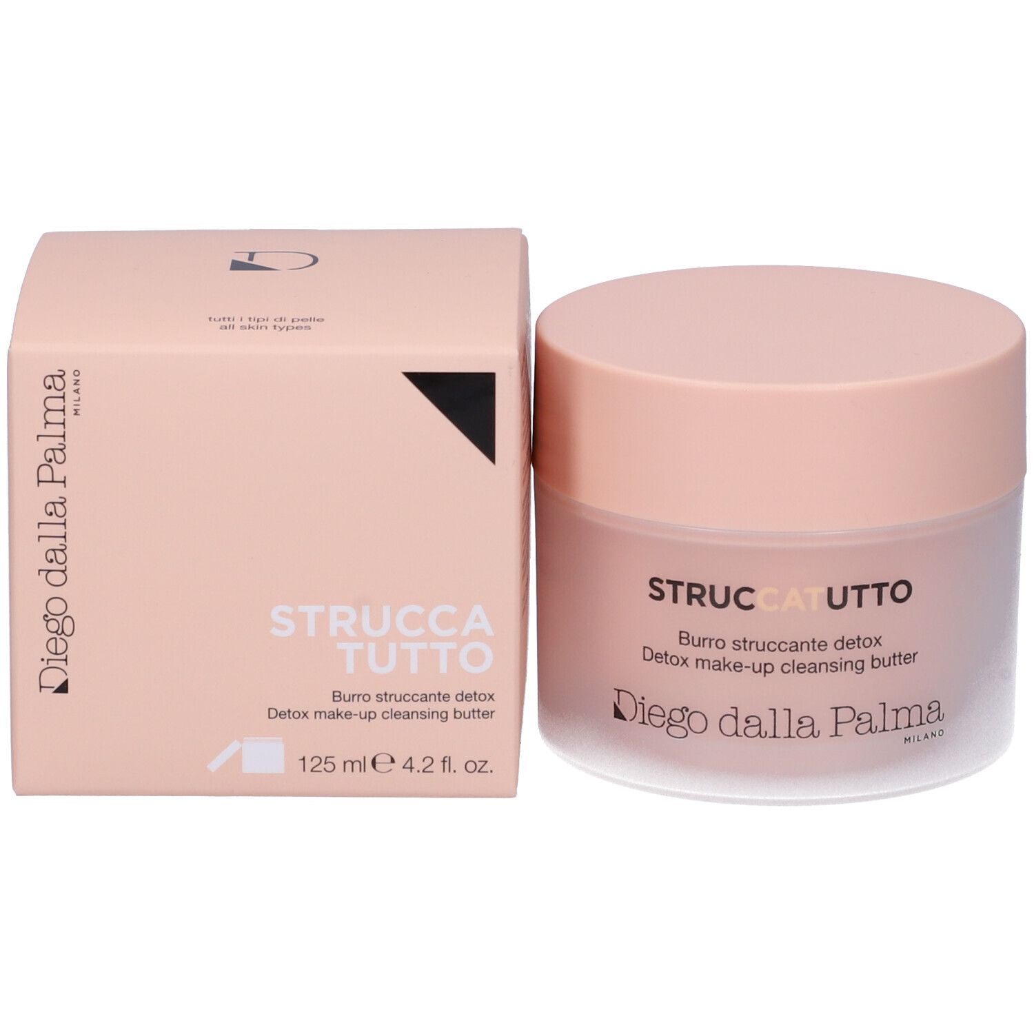 Confezione e vasetto. Scritta: STRUCCATUTTO, Burro struccante detox, Diego dalla Palma MILANO. 125 ml.