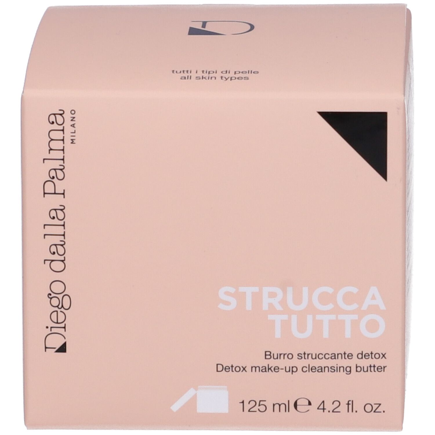Confezione del prodotto. Scritta: STRUCCATUTTO, Burro struccante detox, Diego dalla Palma MILANO. 125 ml.