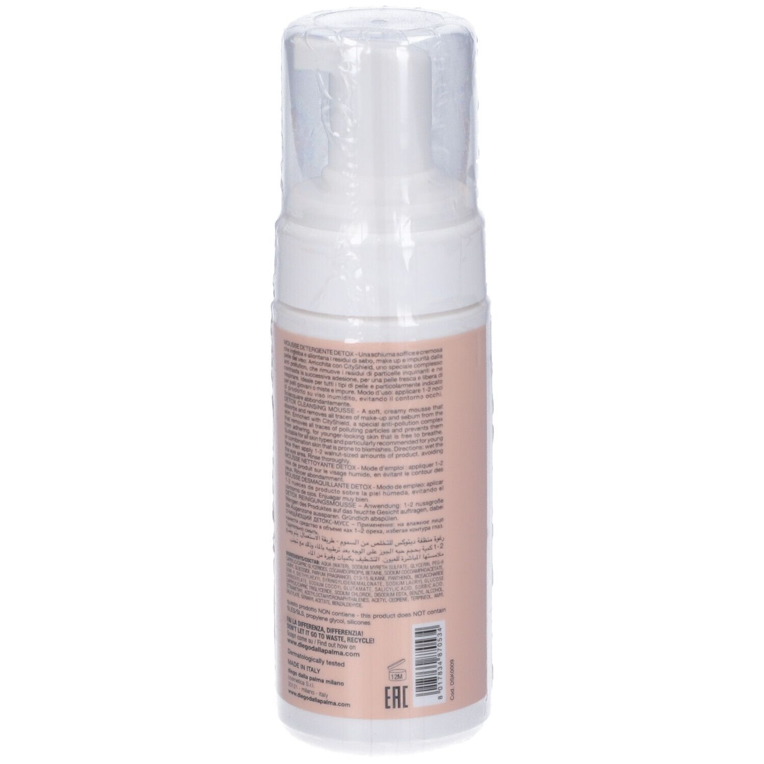 Flacone bianco con erogatore a spruzzo. Etichetta rosa con testo. Retro con informazioni sugli ingredienti e il produttore.