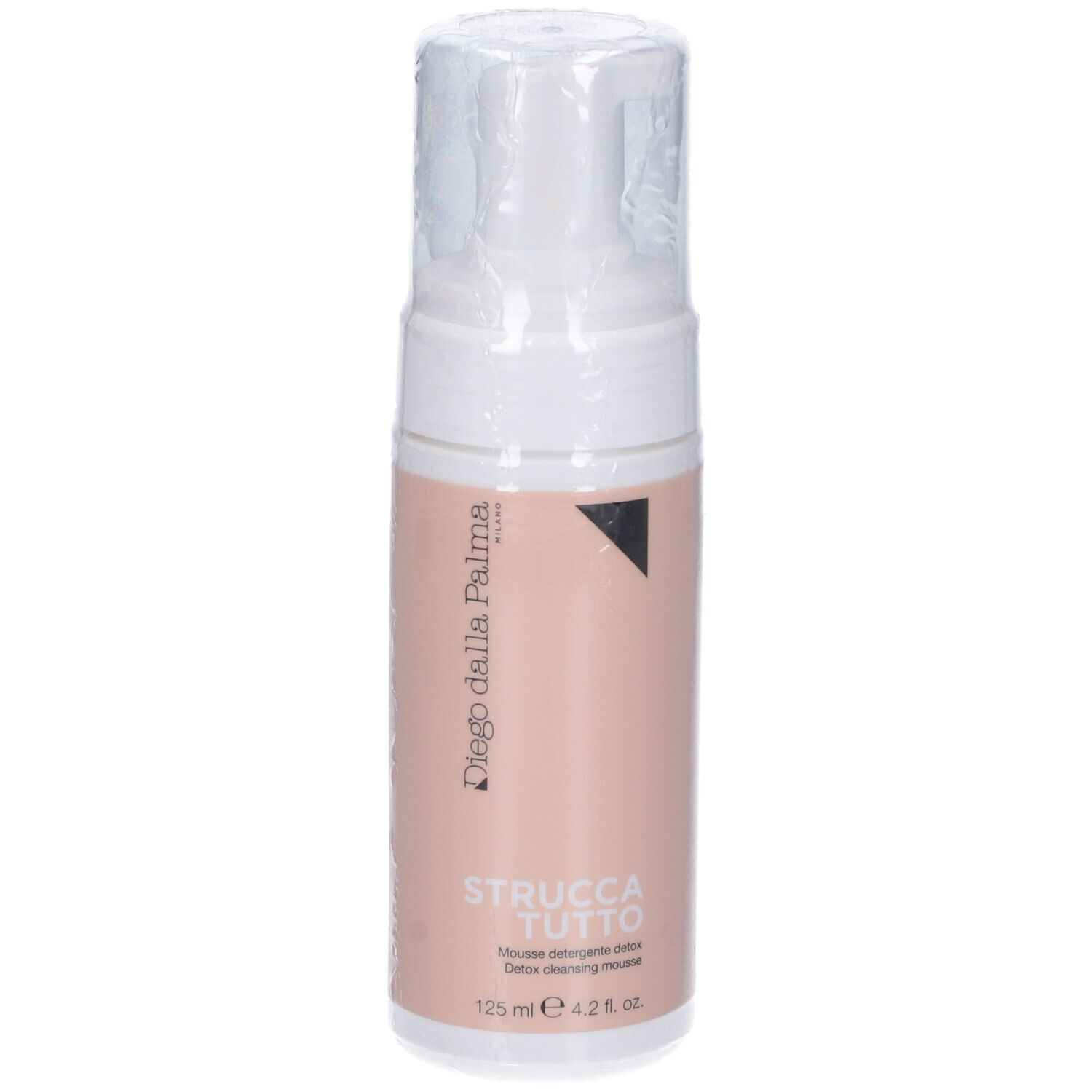 Flacone bianco con erogatore a spruzzo. Scritta: Struccatutto, Mousse detergente detox. Marchio Diego dalla Palma.