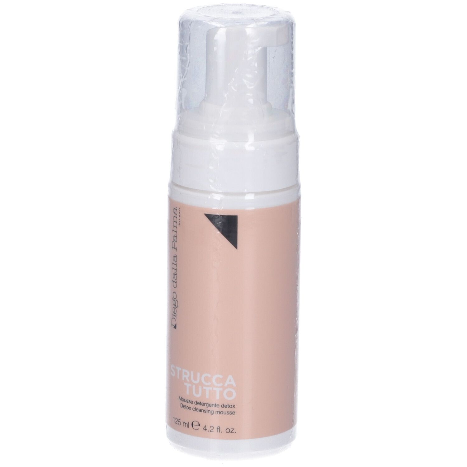 Flacone bianco con erogatore a spruzzo. Scritta: Struccatutto, Mousse detergente detox. Marchio Diego dalla Palma.