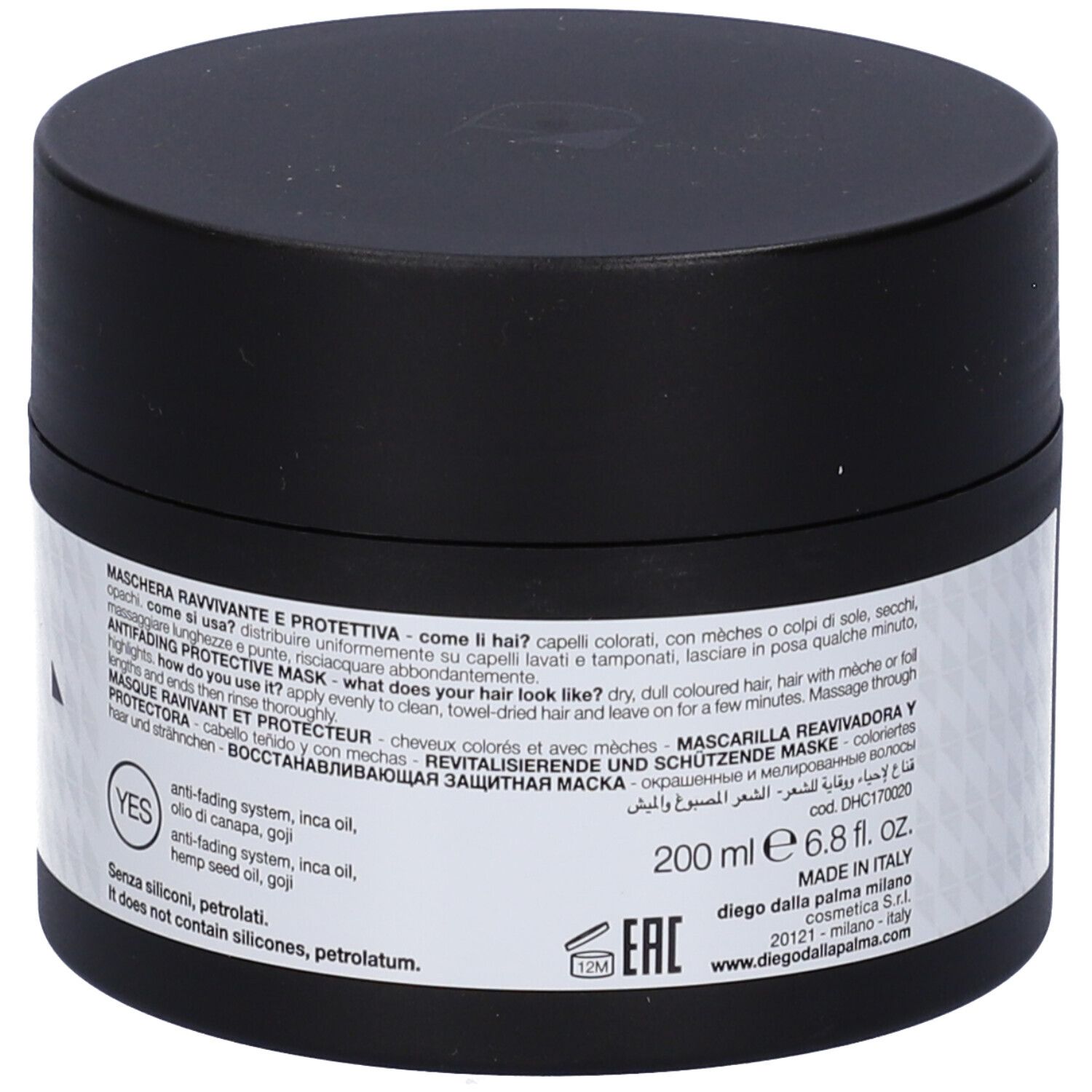 Vaso nero con testo. Scritta: Maschera Ravvivante E Protettiva. 200 ml. Marchio: Diego dalla Palma Milano. Ingredienti.