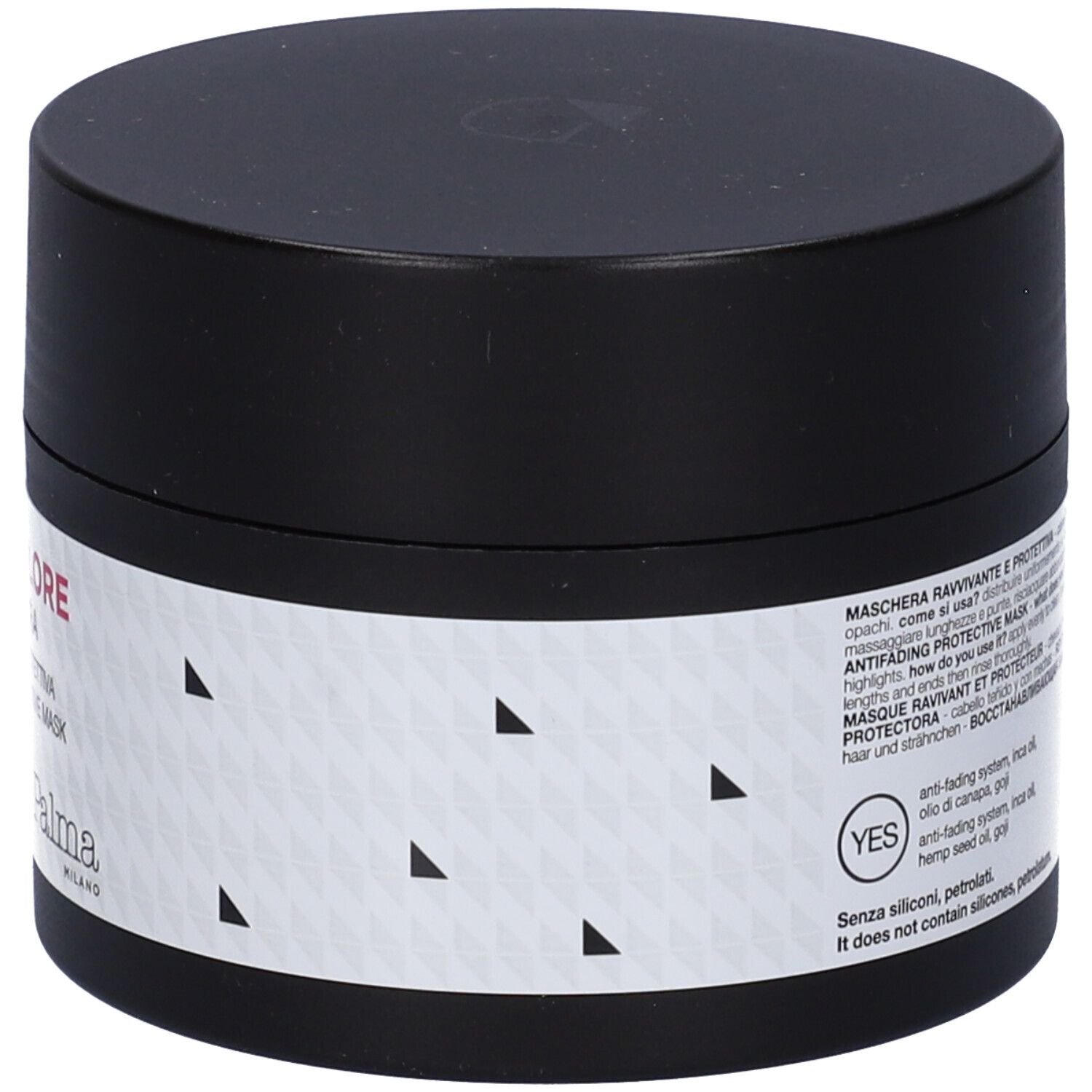 Vaso nero con etichetta bianca. Scritta: Salvacolore Maschera. Marchio: Diego dalla Palma Milano. Motivi triangolari.