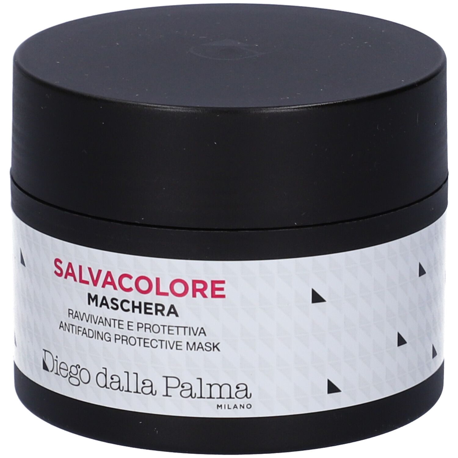 Vaso nero con etichetta bianca. Scritta: Salvacolore Maschera, Diego dalla Palma Milano. Motivi triangolari.
