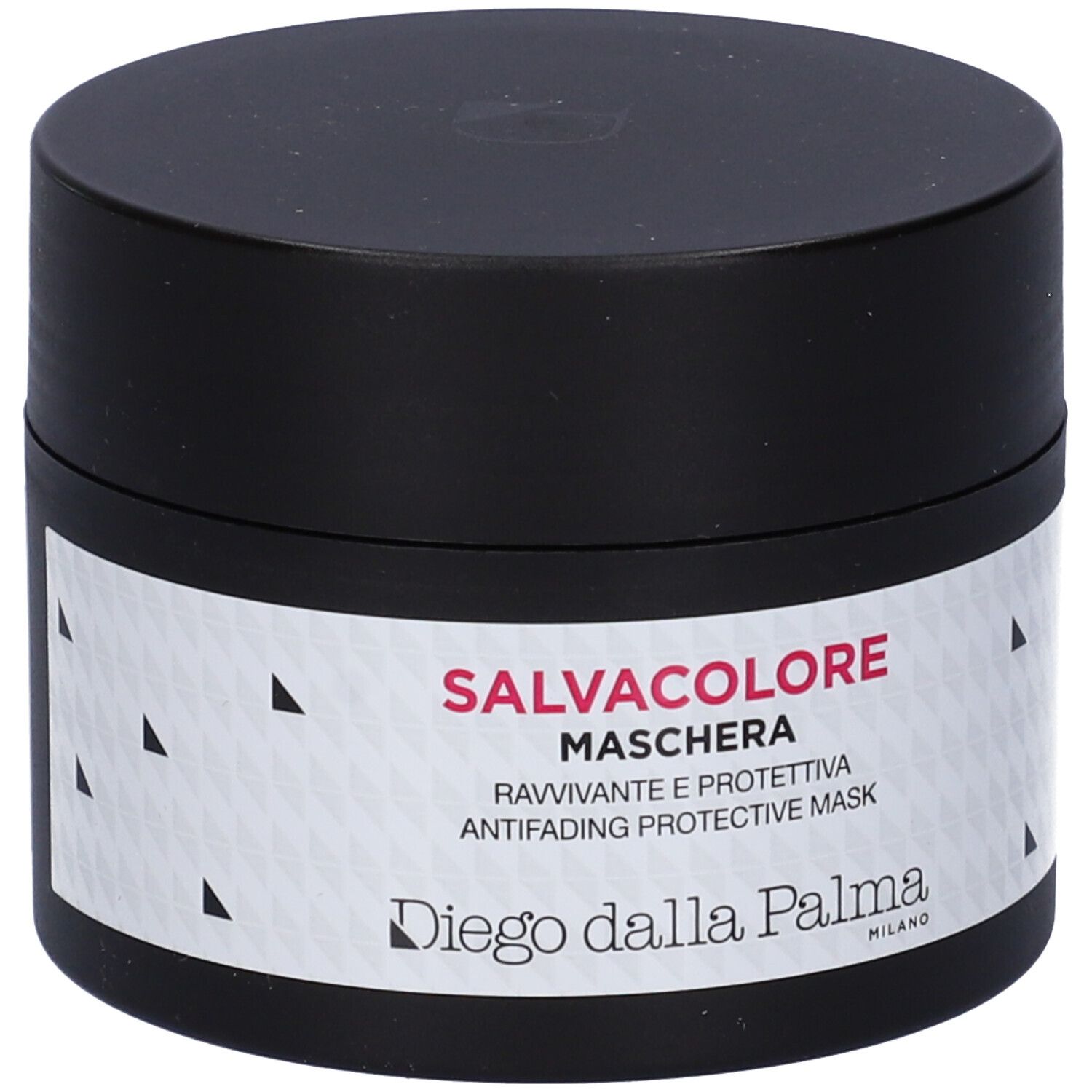 Vaso nero con etichetta bianca. Scritta: Salvacolore Maschera, Diego dalla Palma Milano. Motivi triangolari.