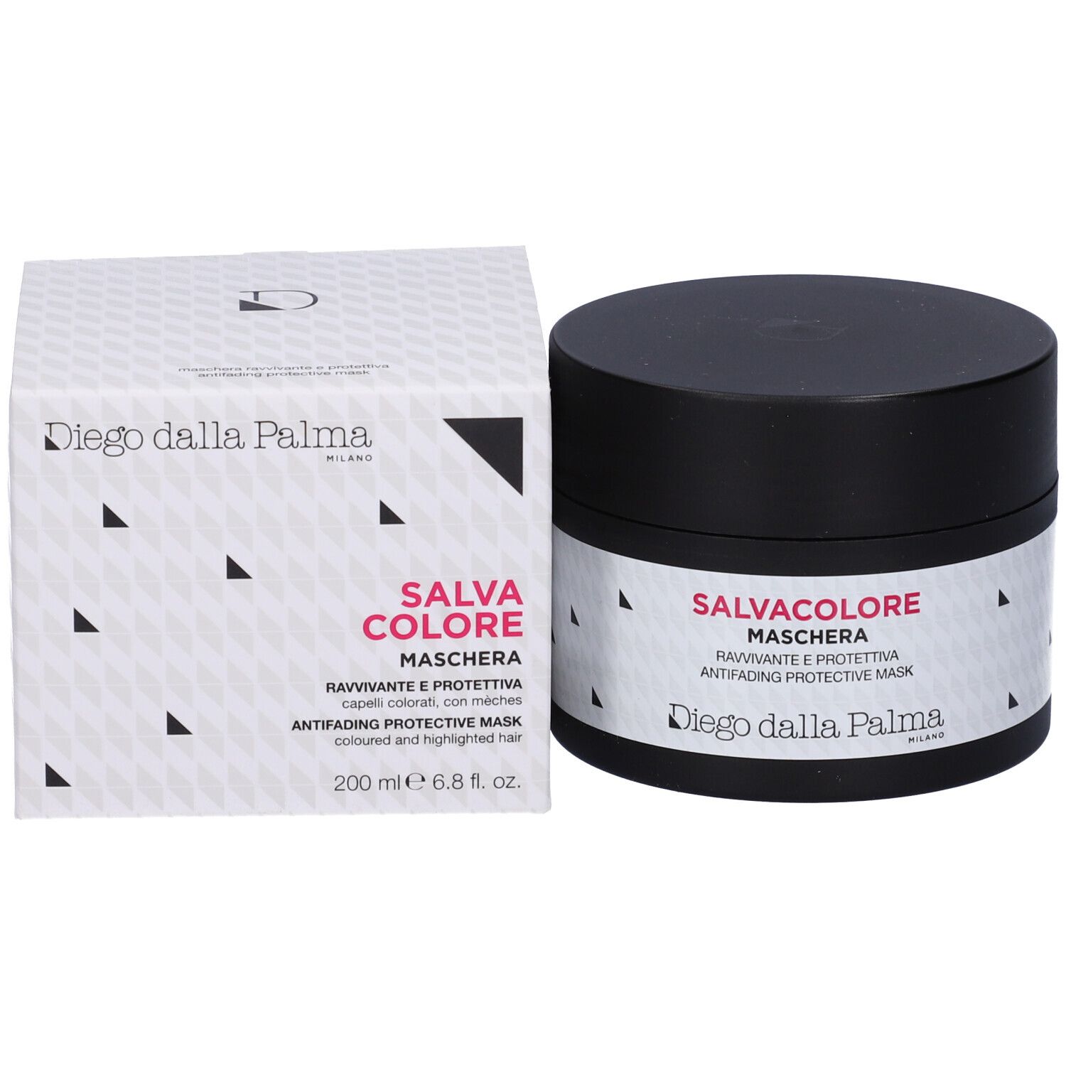 Confezione e vaso del prodotto. Scritta: Salvacolore Maschera, Diego dalla Palma Milano. 200 ml. Scatola bianca.