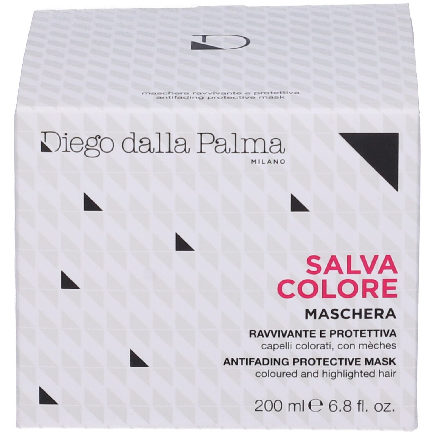 Confezione bianca del prodotto. Scritta: Salvacolore Maschera, Diego dalla Palma Milano. 200 ml. Motivi triangolari.