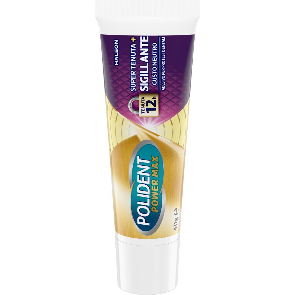 Adesivo per protesi dentali. Tubo Polident Power Max, 40g. Confezione viola e oro con testo.
