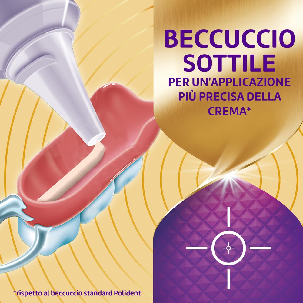Protesi dentaria con applicatore. Testo: Beccuccio Sottile. Sfondo viola e oro.