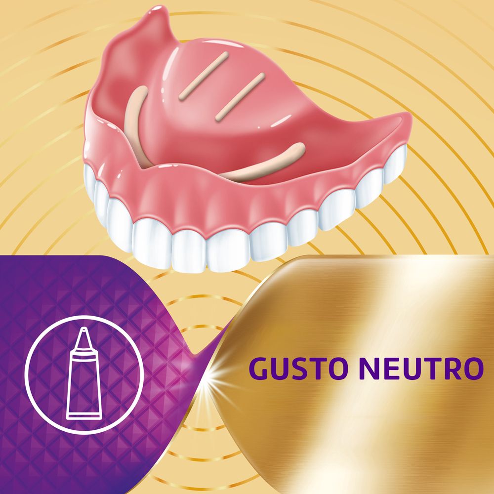 Protesi dentaria con testo: Gusto Neutro. Sfondo viola e oro.