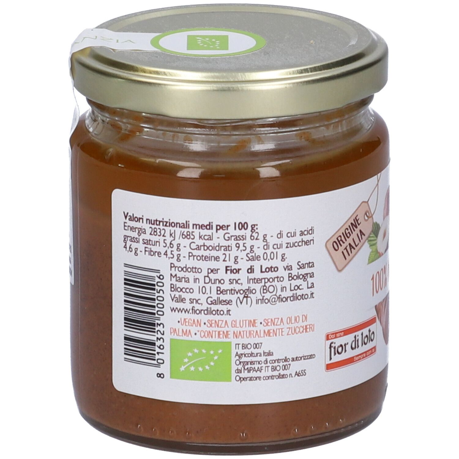 Retro di un vasetto con informazioni nutrizionali e ingredienti. Scritta 'Origine Italia'. Logo agricoltura biologica.