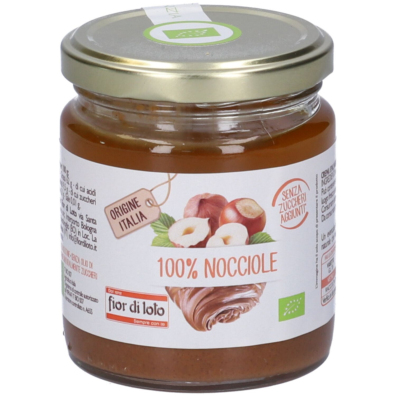 Vaso con scritta '100% Nocciole' e 'fior di loto'. Etichetta con illustrazioni di nocciole e indicazione 'Origine Italia'.