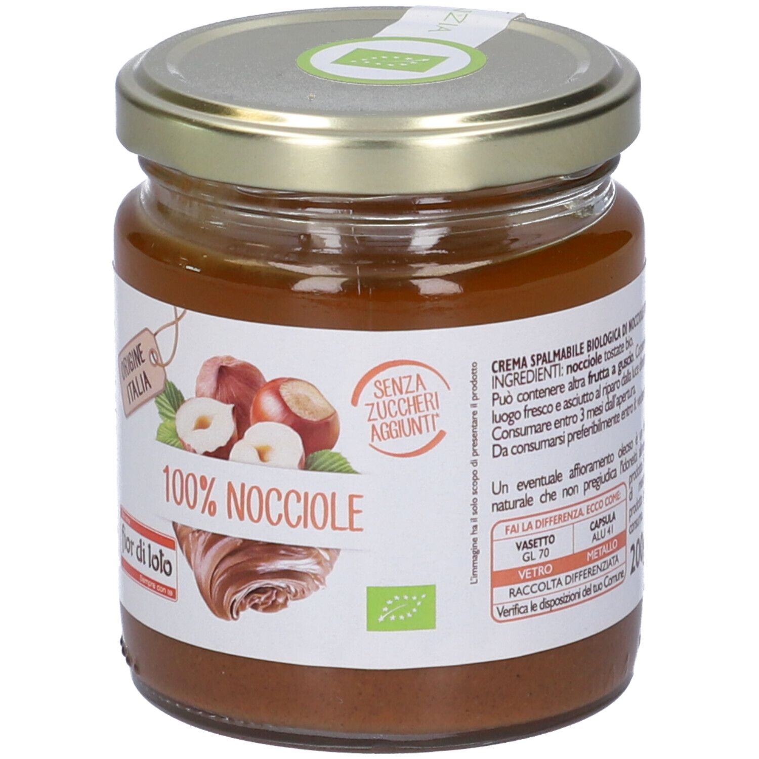 Vaso con scritta '100% Nocciole' e 'fior di loto'. Etichetta con illustrazioni di nocciole e indicazione 'Origine Italia'.