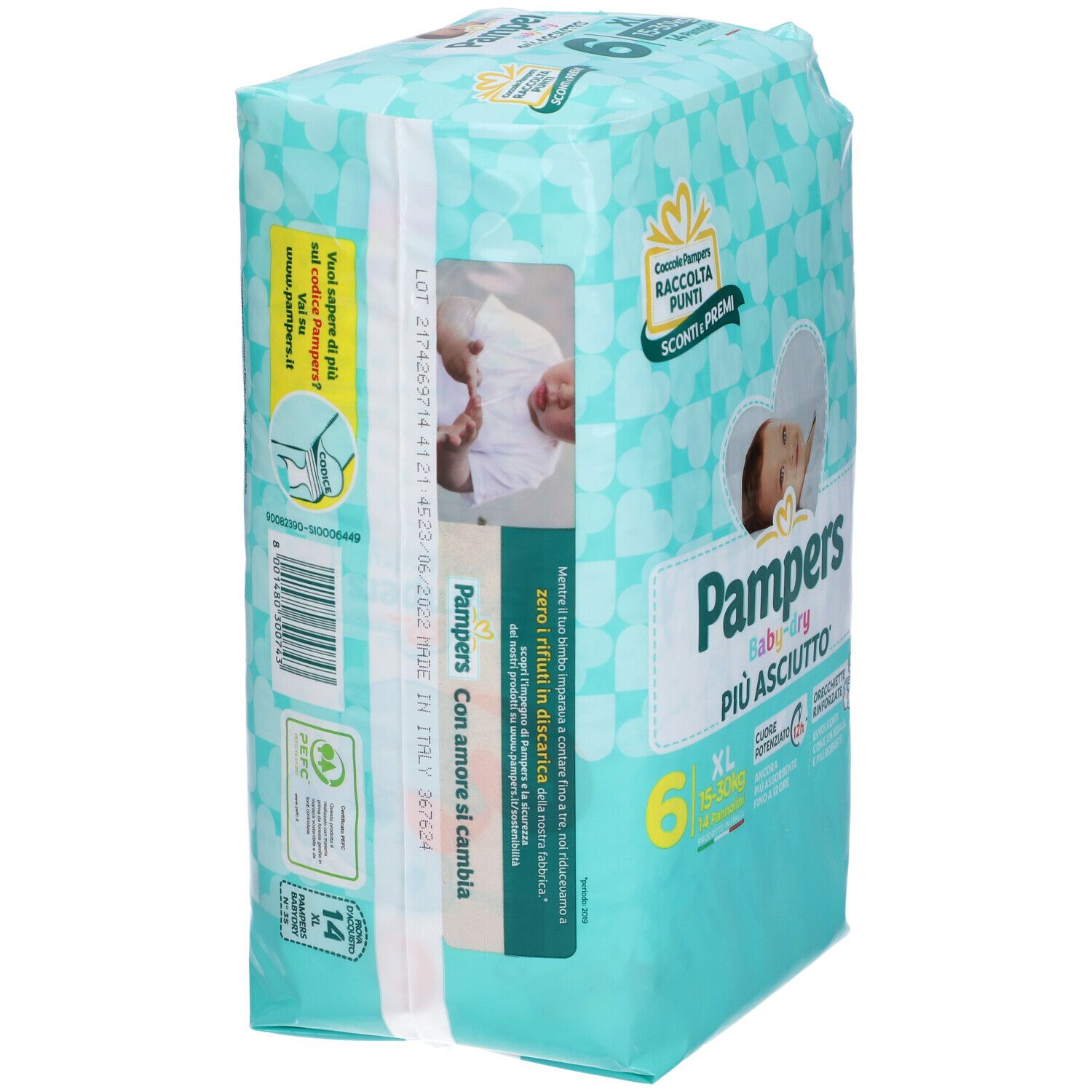 Vista laterale della confezione Pampers Baby-Dry, taglia 6 XL. Azzurro con illustrazione bambino. Testo e loghi.