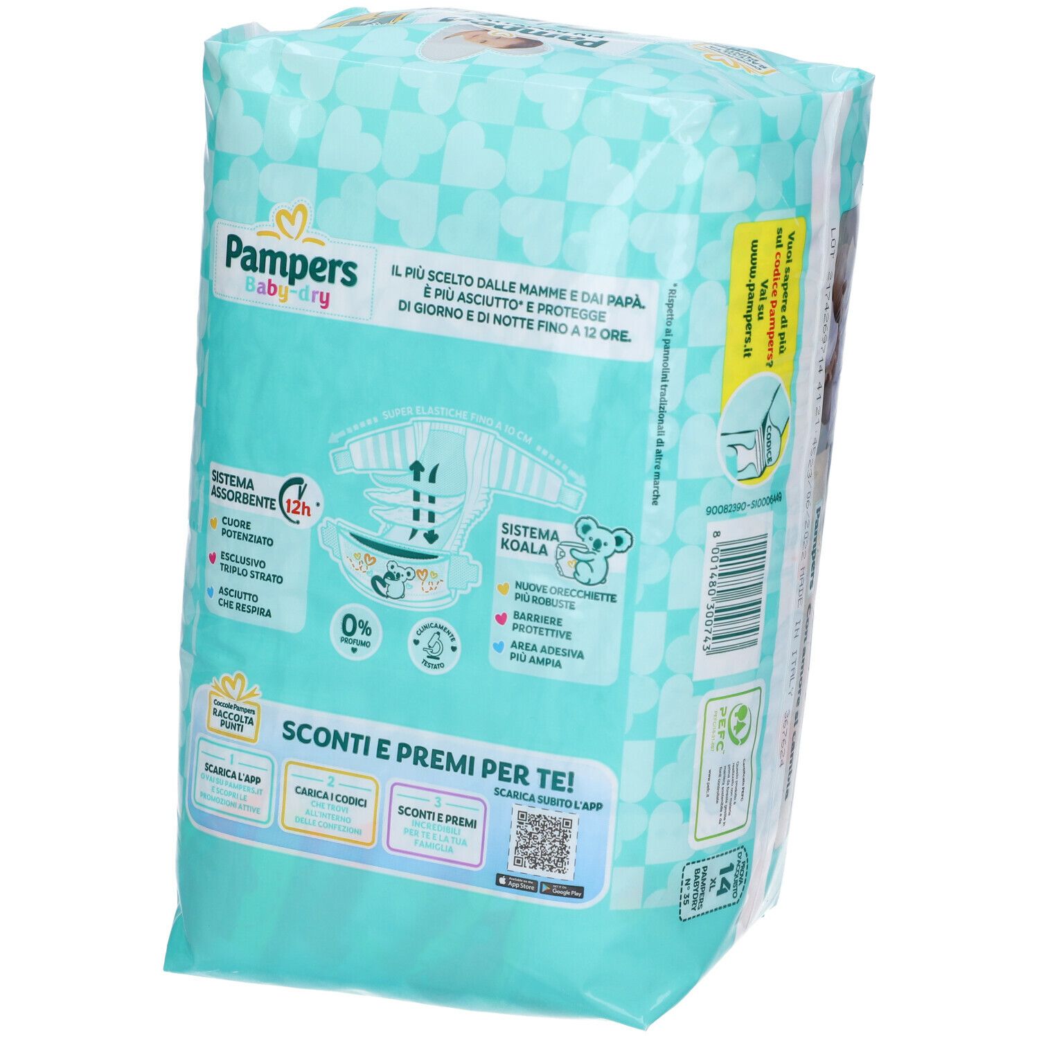 Retro della confezione Pampers Baby-Dry. Azzurro con illustrazione del pannolino e informazioni sul prodotto. Testo e loghi.