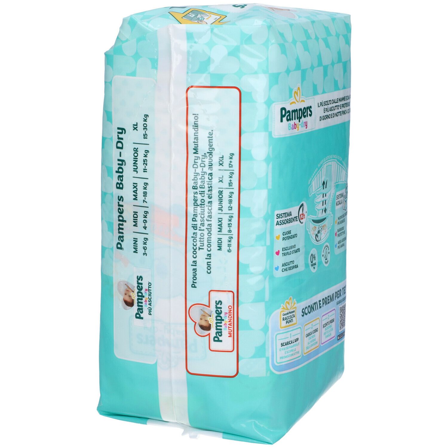 Vista laterale della confezione Pampers Baby-Dry. Indicazioni delle taglie e nome del prodotto. Azzurro con loghi e testo.