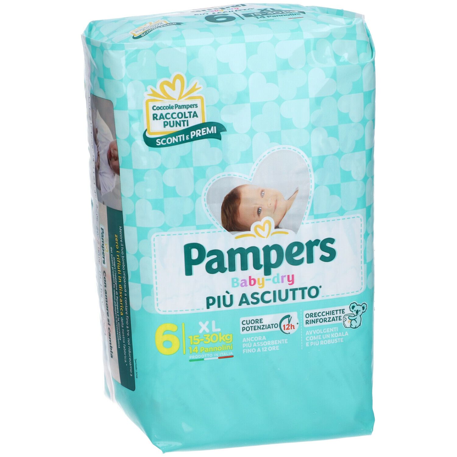 Confezione Pampers Baby-Dry, taglia 6 XL. Colore azzurro con cuori. Illustrazione bambino e nome del prodotto.