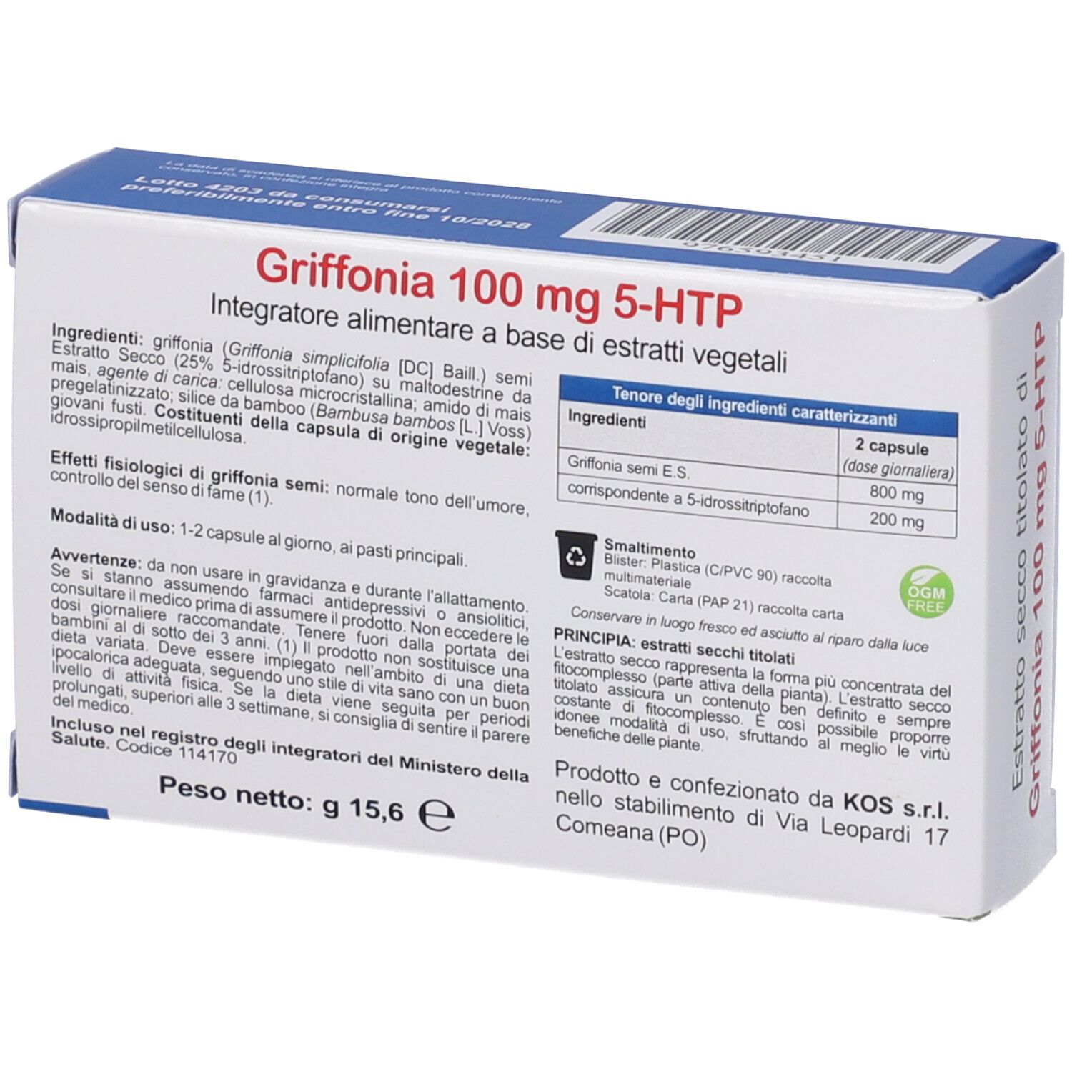 Retro della confezione con ingredienti e istruzioni. Testo in italiano. Logo KOS. Informazioni sullo smaltimento. Peso netto: 15,6 g.