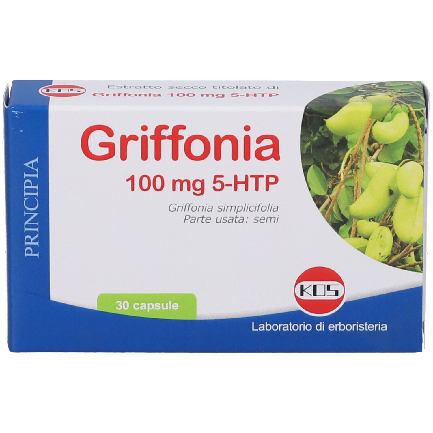 Confezione di Griffonia 100 mg 5-HTP. 30 capsule. Logo KOS. Scritta in italiano. Immagine di pianta. Confezione bianca e blu.
