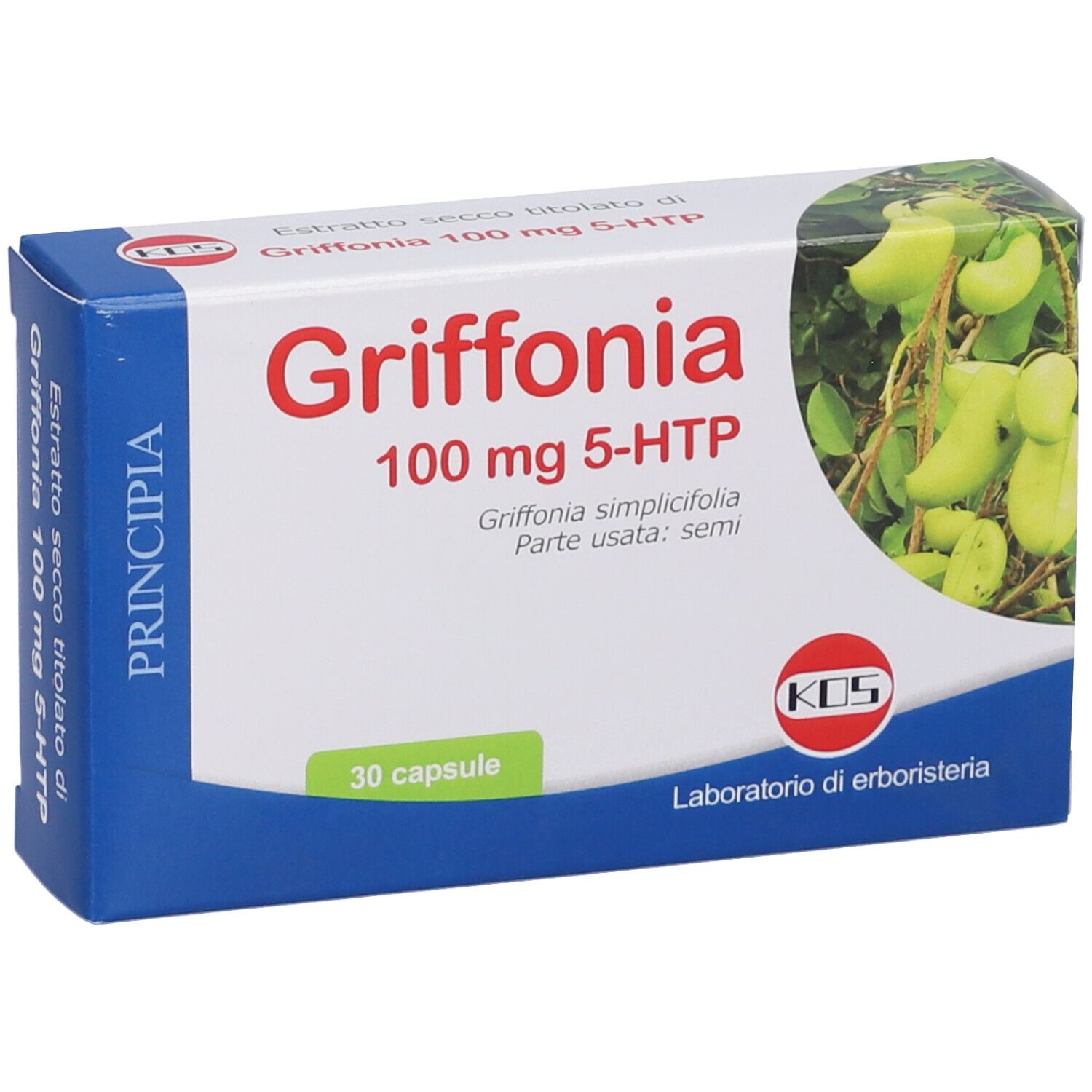 Confezione di Griffonia 100 mg 5-HTP. 30 capsule. Logo KOS. Scritta in italiano. Immagine di pianta. Confezione bianca e blu.