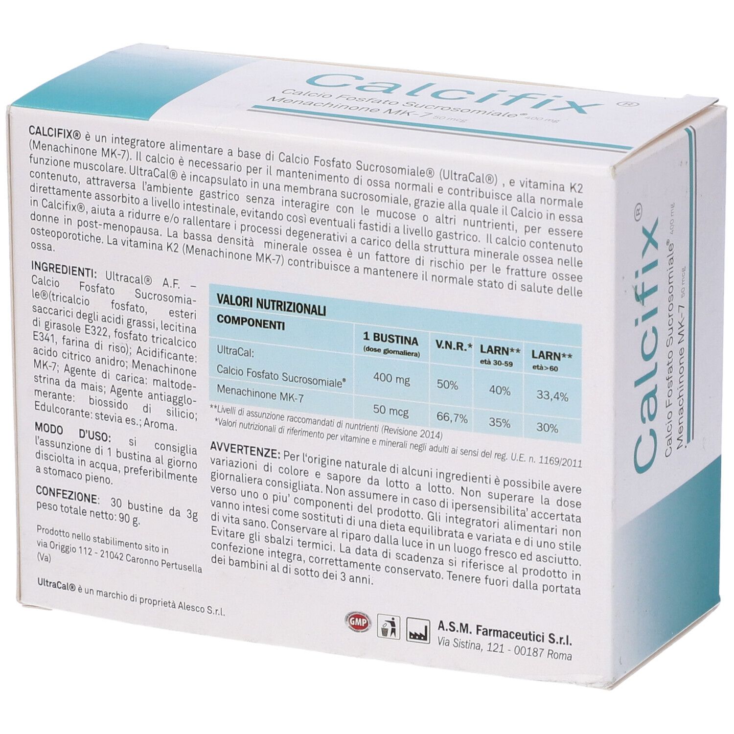 Retro della scatola "Calcifix". Testo sugli ingredienti e valori nutrizionali. Logo ASM Farmaceutici.