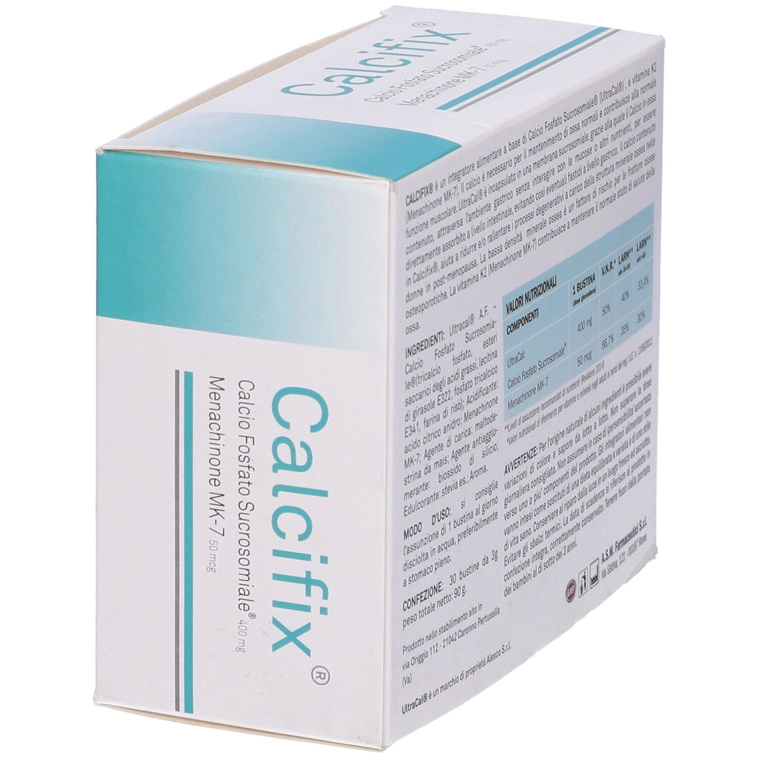 Scatola "Calcifix". Scritto: Calcio Fosfato Sucrosomiale, Menachinone MK-7. Logo ASM Farmaceutici.