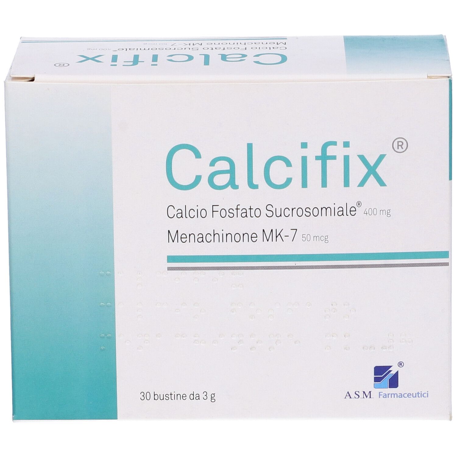 Scatola "Calcifix". Scritto: Calcio Fosfato Sucrosomiale, Menachinone MK-7. 30 bustine.