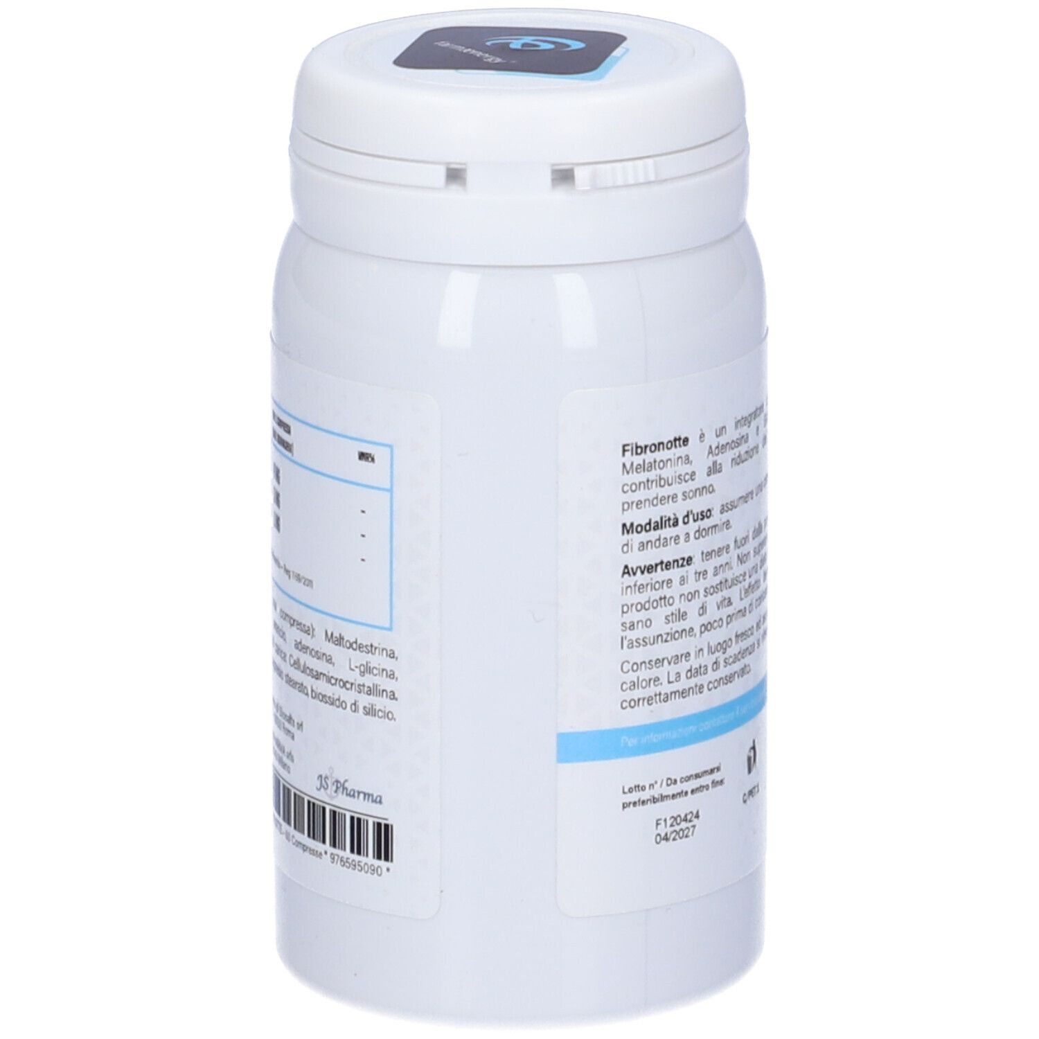 Flacone bianco, vista laterale. Informazioni testuali in italiano. Logo: Farmaenergy. Codice a barre.