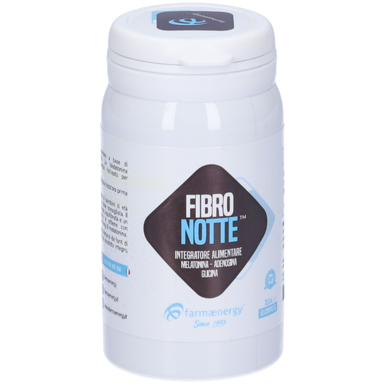 Flacone bianco con tappo blu. Scritta: Fibrinotte, integratore alimentare. Logo: Farmaenergy. 60 compresse.
