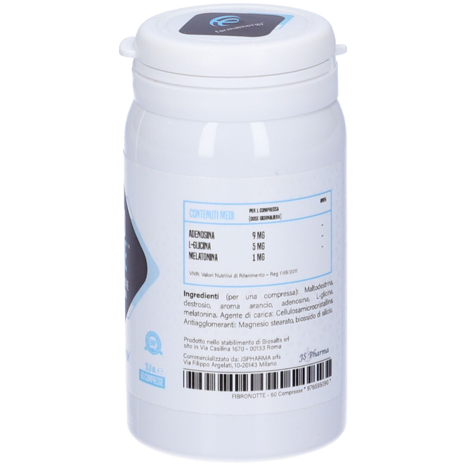 Flacone bianco, retro. Ingredienti e informazioni nutrizionali. Logo: Farmaenergy. 60 compresse.