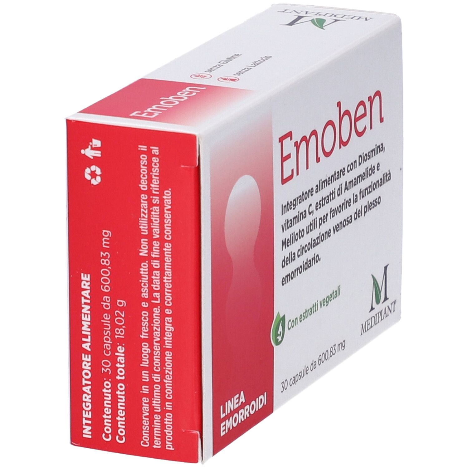 Scatola "Emoben" in prospettiva. Colori rosso e bianco. Testo e logo visibili. Anche "30 capsule" è visibile.