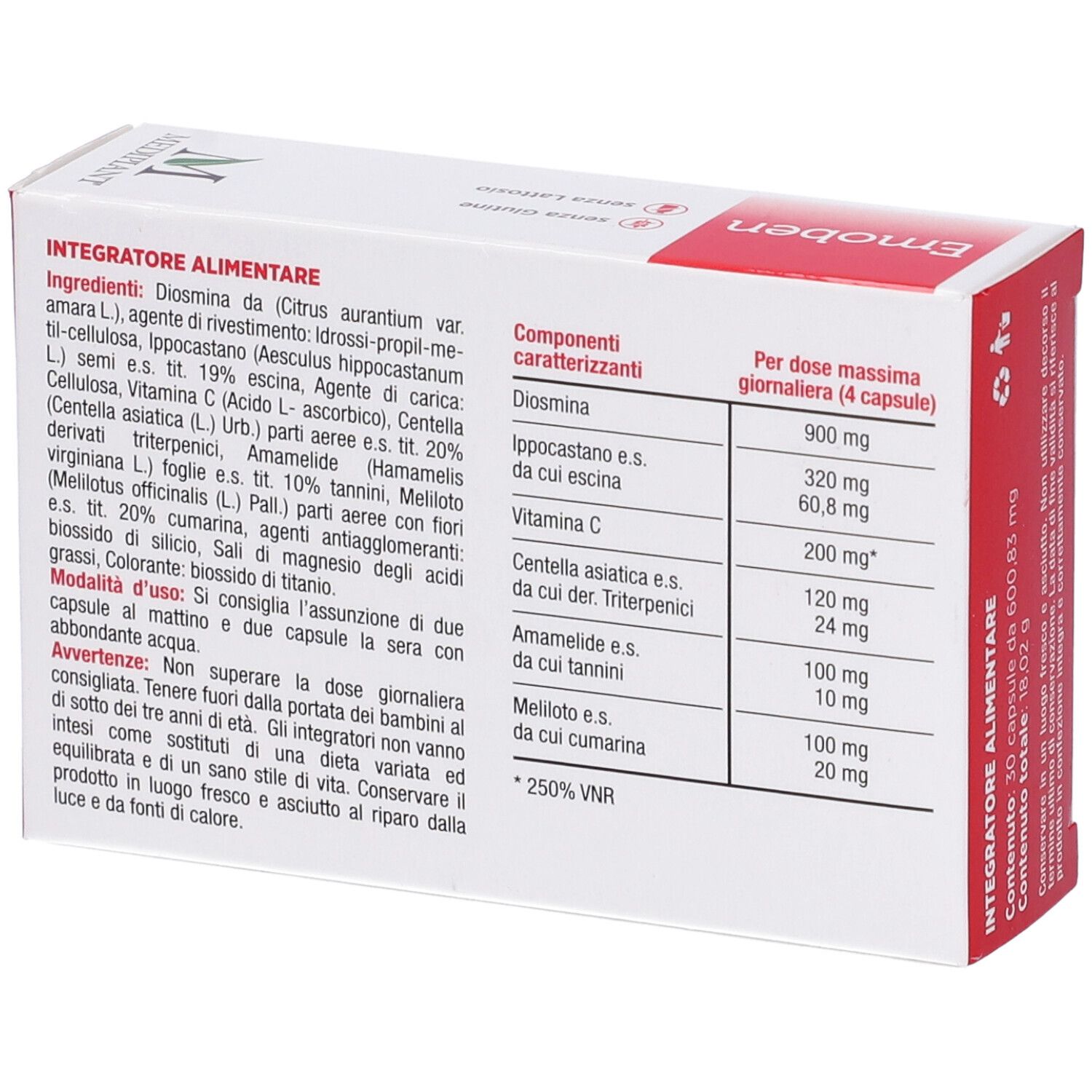 Retro della scatola "Emoben". Ingredienti e informazioni nutrizionali elencati. Colori rosso e bianco.