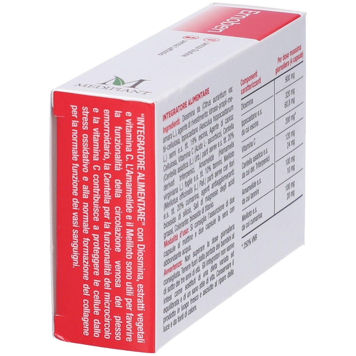 Vista laterale della scatola "Emoben". Testo e informazioni visibili. Colori rosso e bianco.