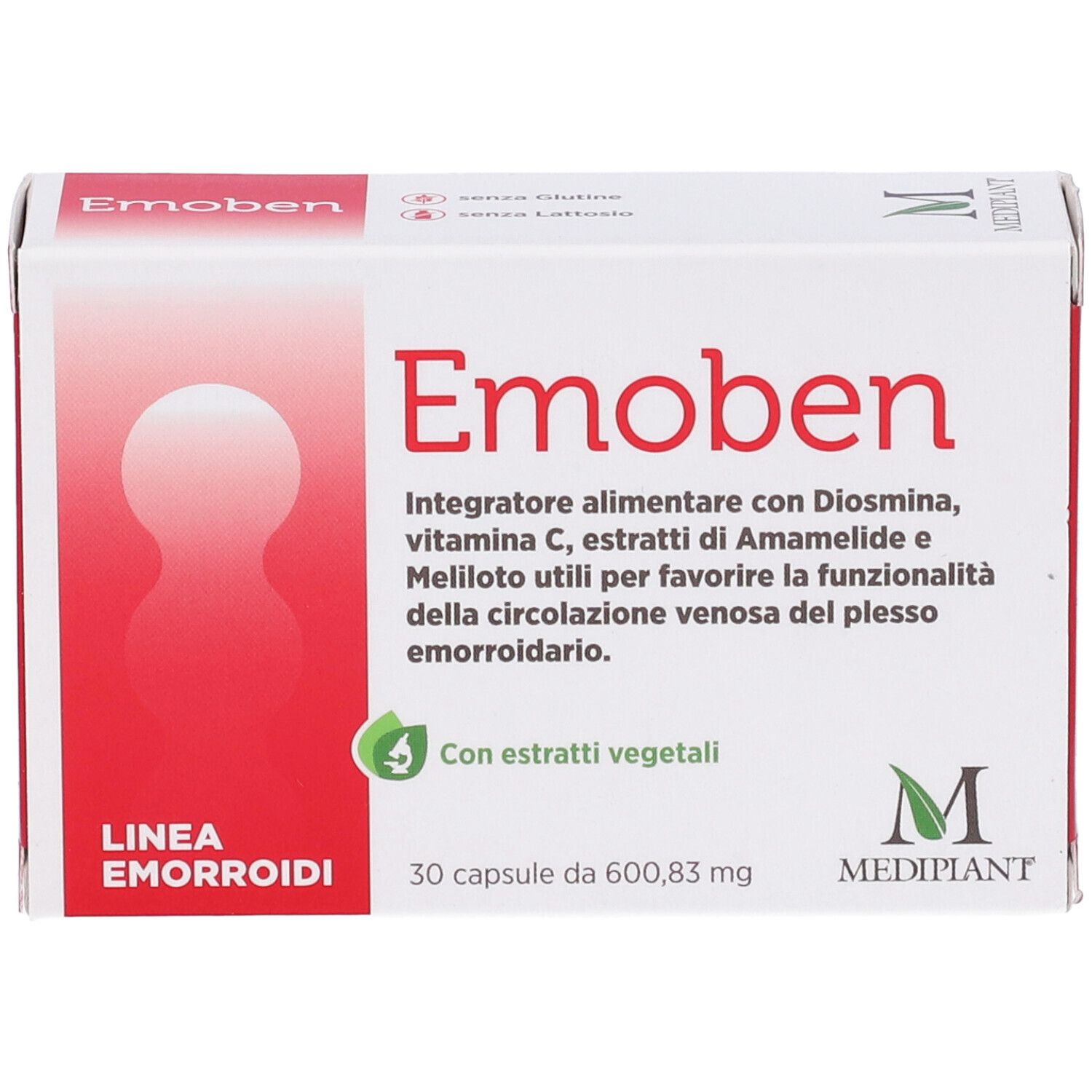 Scatola "Emoben" con testo rosso su sfondo bianco. Visibili anche "Linea Emorroidi" e "30 capsule".