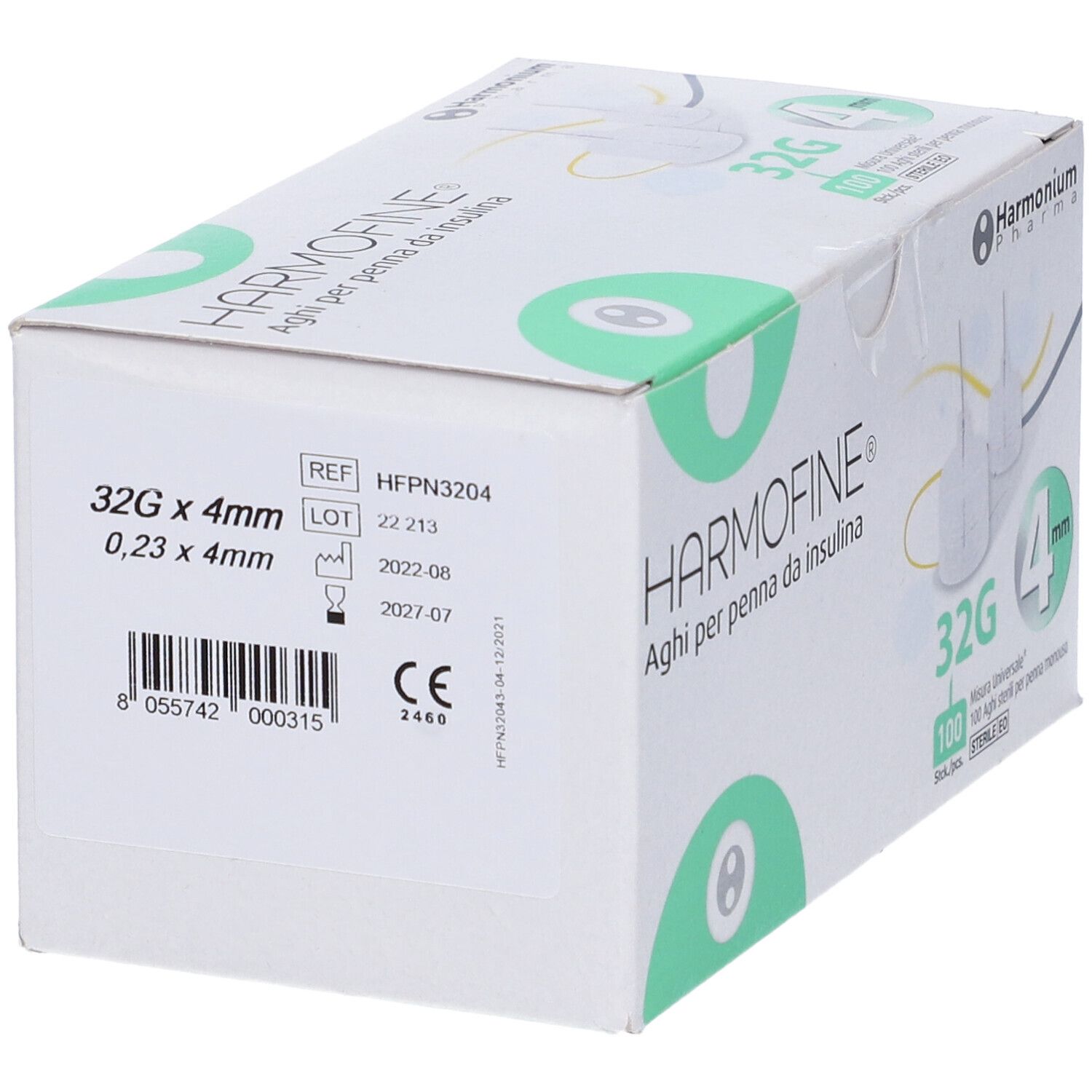 Confezione di aghi per penna per insulina Harmofine. 32G, 4mm. Sterili. Dettagli: REF, LOT, scadenza.